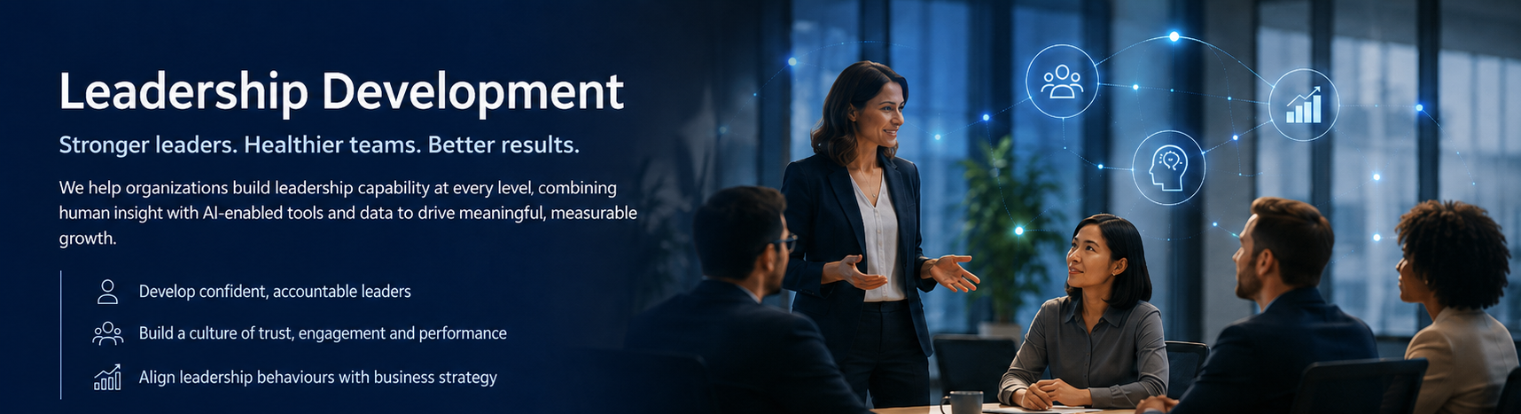 Leader presenting to a team with AI capability icons